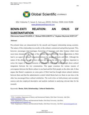 BENIN-EKITI RELATION: an ONUS of SUBSTANTIATION Oluwaseun Samuel OSADOLA1, Michael EDIAGBONYA,2 Stephen Olayiwola SOETAN3