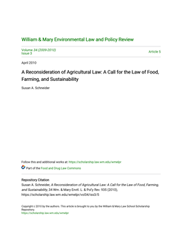 A Reconsideration of Agricultural Law: a Call for the Law of Food, Farming, and Sustainability