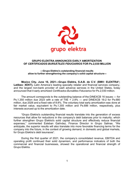 1 Grupo Elektra Announces Early Amortization