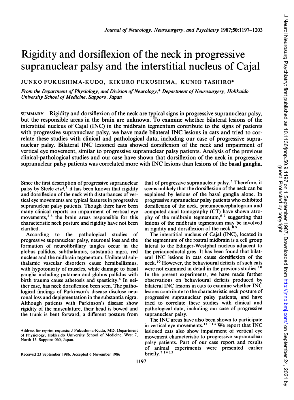 Rigidity and Dorsiflexion of the Neck in Progressive Supranuclear Palsy and the Interstitial Nucleus of Cajal