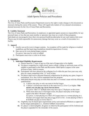 Adult Sports Policies and Procedures