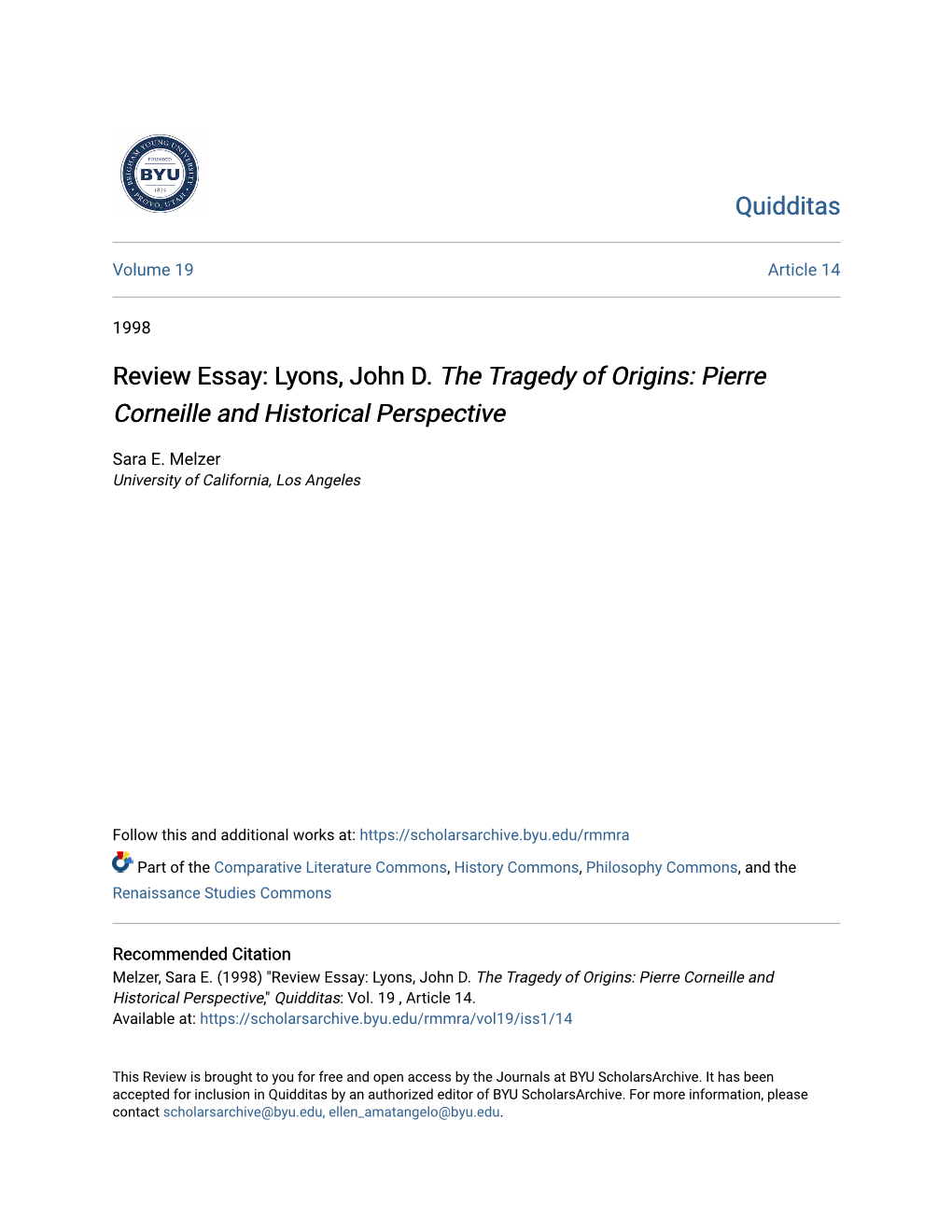 Review Essay: Lyons, John D. &lt;I&gt;The Tragedy of Origins: Pierre Corneille and Historical Perspective&lt;/I&gt;