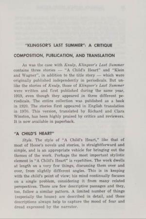 "Klingsor's Last Summer": a Critique Composition