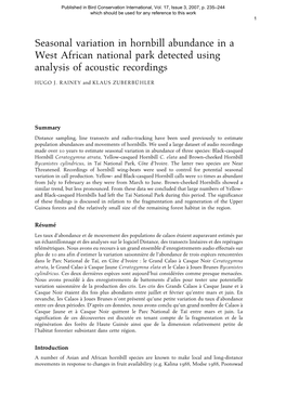 Seasonal Variation in Hornbill Abundance in a West African National Park Detected Using Analysis of Acoustic Recordings