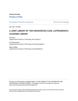 A Joint Library of Two Universities Case: Lappeenranta Academic Library