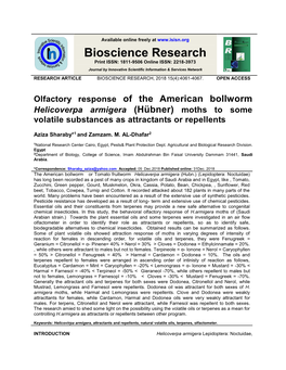 Olfactory Response of the American Bollworm Helicoverpa Armigera (Hübner) Moths to Some Volatile Substances As Attractants Or Repellents