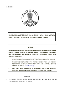 Notice Hon'ble Ms. Justice Prathiba M. Singh Will Hold
