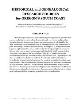 HISTORICAL and GENEALOGICAL RESEARCH SOURCES for OREGON's SOUTH COAST
