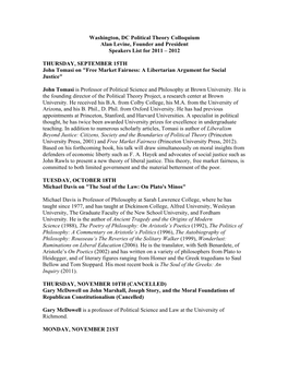 Washington, DC Political Theory Colloquium Alan Levine, Founder and President Speakers List for 2011 – 2012