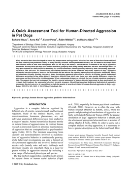 A Quick Assessment Tool for Humandirected Aggression in Pet