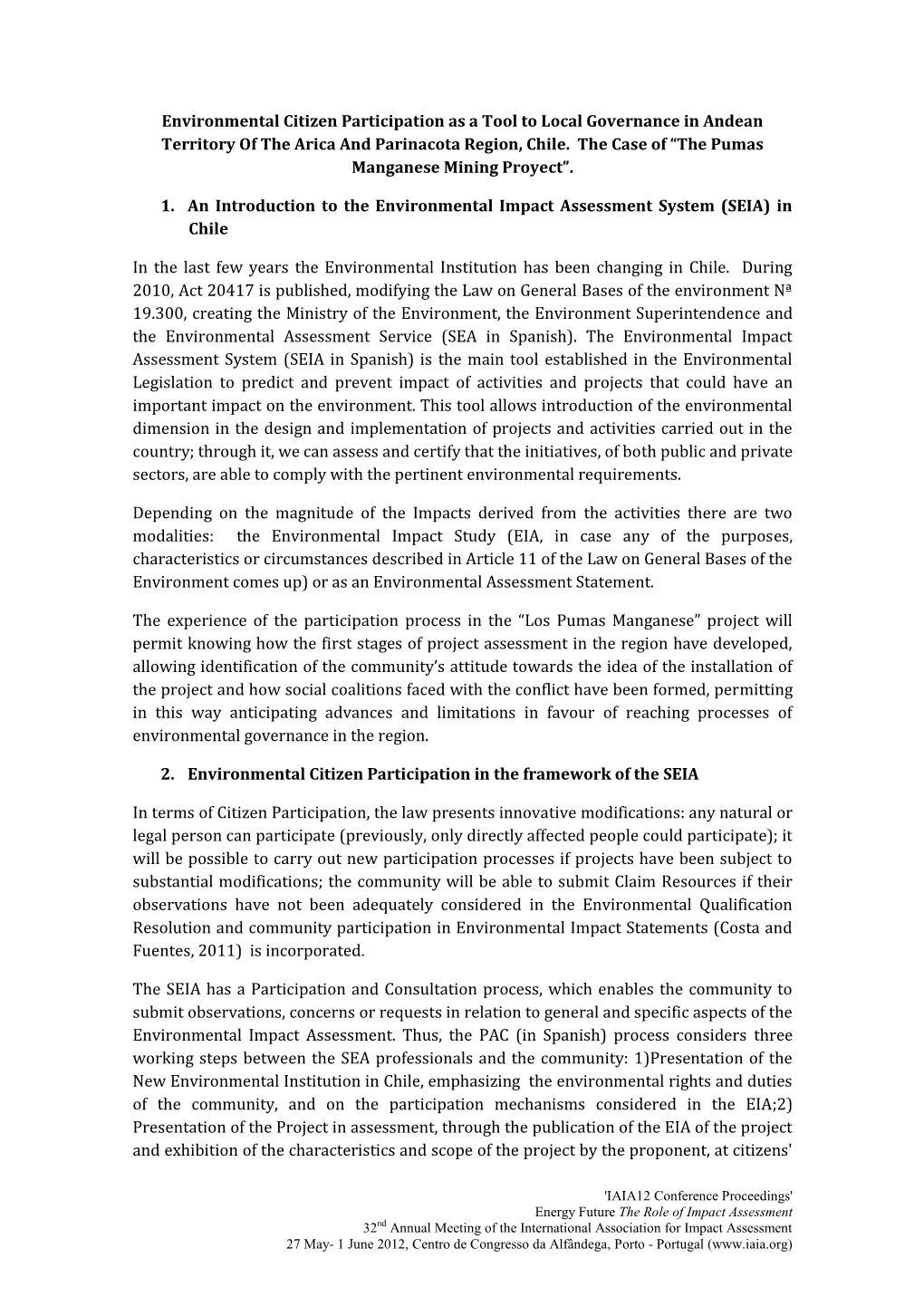 Environmental Citizen Participation As a Tool to Local Governance in Andean Territory of the Arica and Parinacota Region, Chile