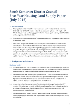 South Somerset District Council Five-Year Housing Land Supply Paper (July 2016)