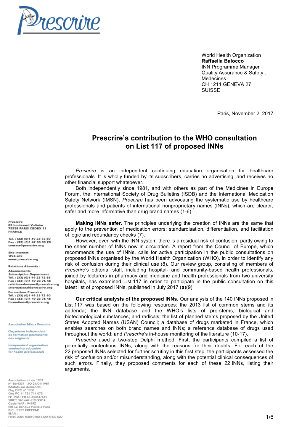 Prescrire's Contribution to the WHO Consultation List