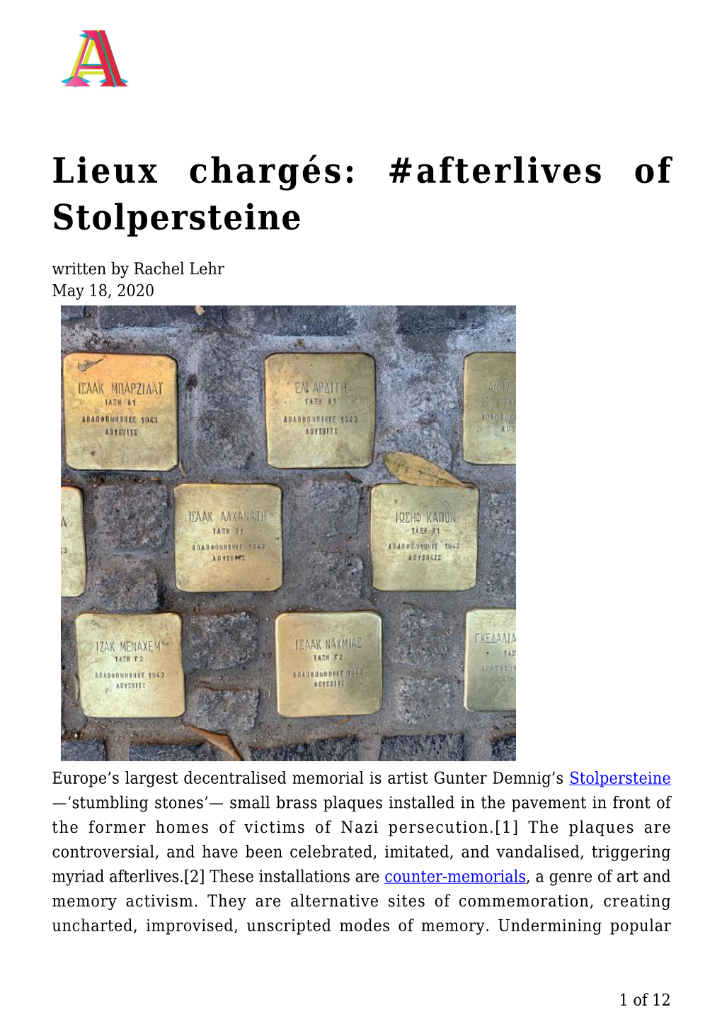 Lieux Chargés: #Afterlives of Stolpersteine Written by Rachel Lehr May 18, 2020