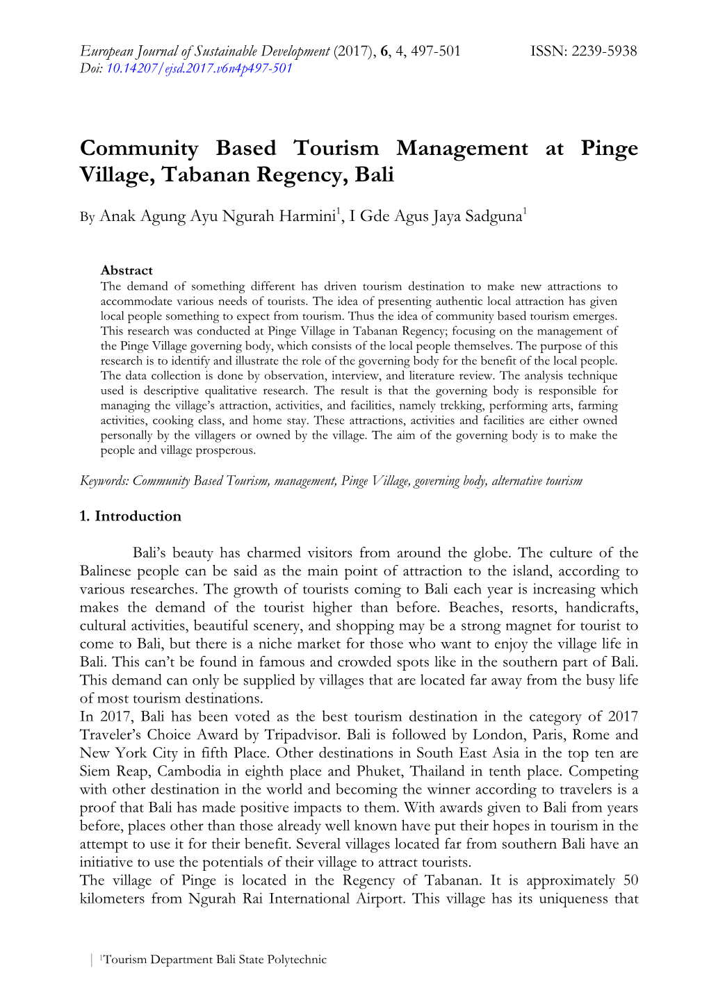 Community Based Tourism Management at Pinge Village, Tabanan Regency, Bali