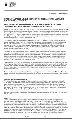 National Lacrosse League and Tsn Announce Landmark Multi-Year Partnership for Canada