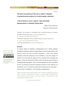 Despecho Y Representaciones De Género En La Música Popular Colombiana