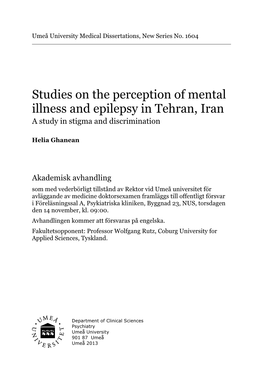 Studies on the Perception of Mental Illness and Epilepsy in Tehran, Iran a Study in Stigma and Discrimination