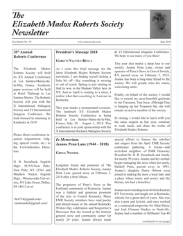 The Elizabeth Madox Roberts Society Newsletter Newsletter No