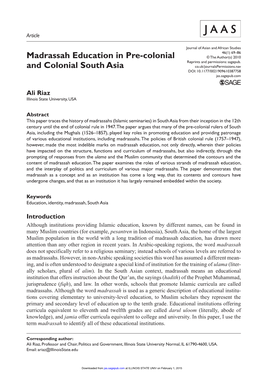 Madrassah Education in Pre-Colonial and Colonial South Asia