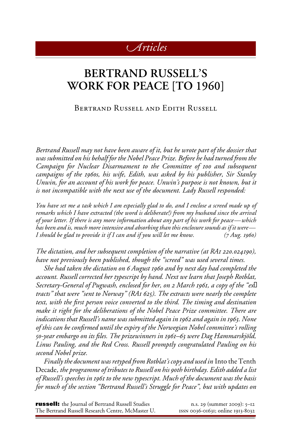 Bertrand Russell's Work for Peace [To 1960]