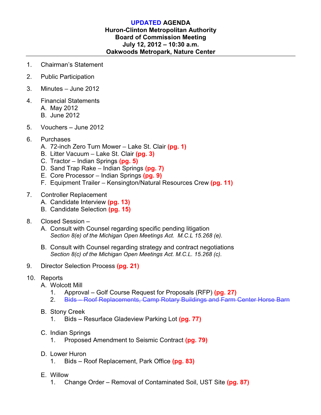 UPDATED AGENDA Huron-Clinton Metropolitan Authority Board of Commission Meeting July 12, 2012 – 10:30 A.M