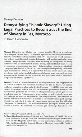Using Legal Practices to Reconstruct the End of Slavery in Fes, Morocco R