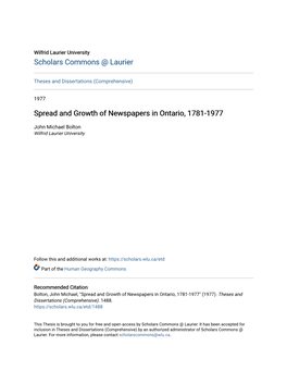 Spread and Growth of Newspapers in Ontario, 1781-1977