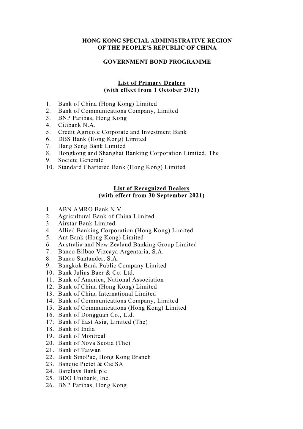 Primary Dealers (With Effect from 1 October 2021)