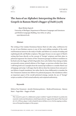 The Aura of an Alphabet: Interpreting the Hebrew Gospels in Ramon Martí’S Dagger of Faith (1278)