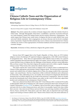 Chinese Catholic Nuns and the Organization of Religious Life in Contemporary China