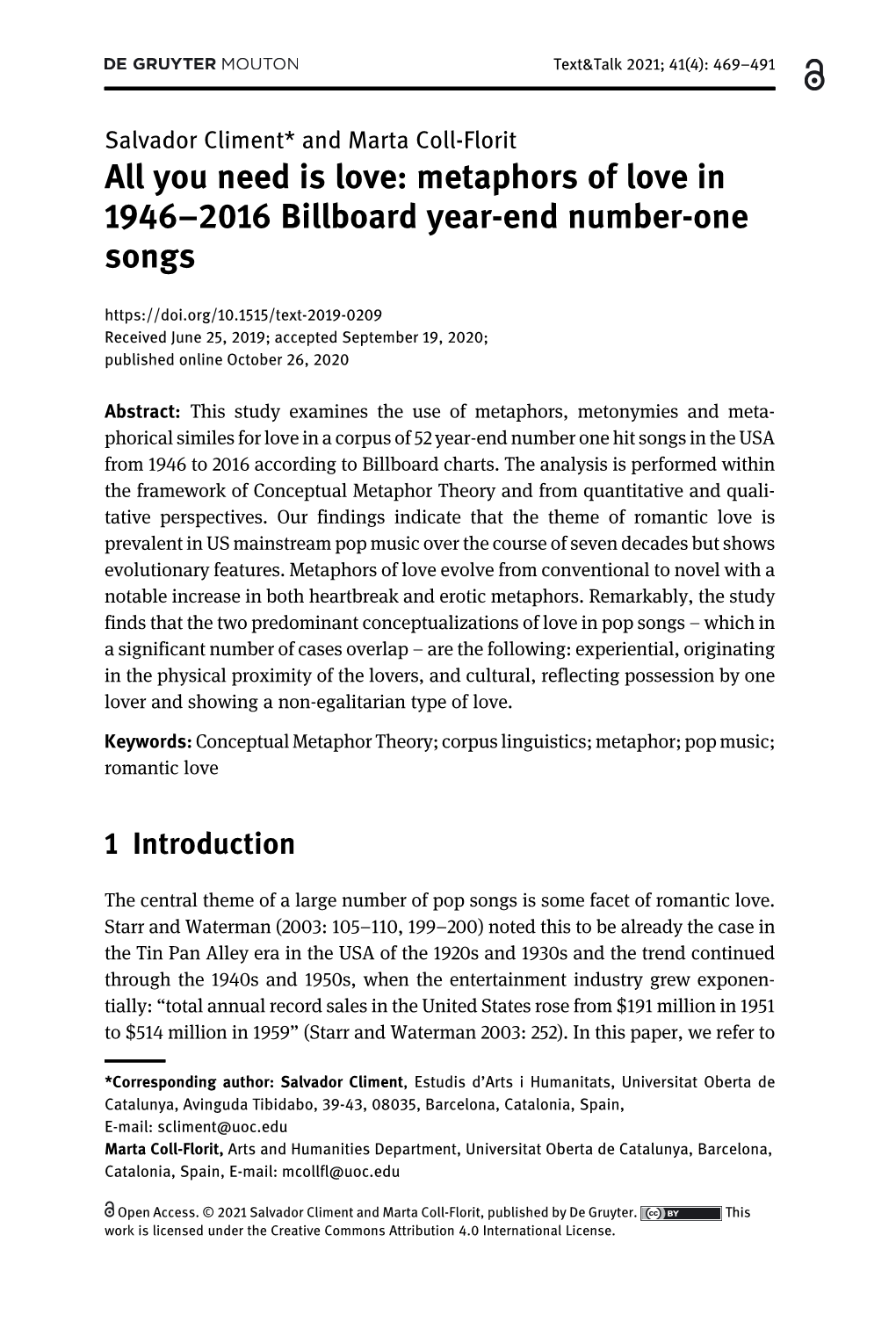 Metaphors of Love in 1946–2016 Billboard Year-End Number-One Songs