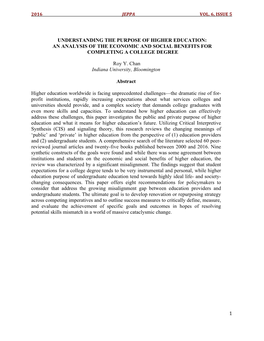 Understanding the Purpose of Higher Education: an Analysis of the Economic and Social Benefits for Completing a College Degree