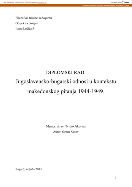 Diplomski Rad Jugoslavensko-Bugarski Odnosi U