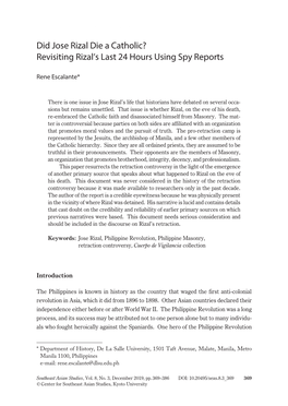 Did Jose Rizal Die a Catholic? Revisiting Rizal’S Last 24 Hours Using Spy Reports