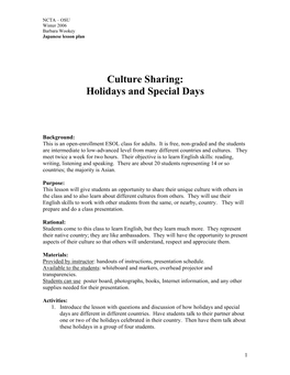 Culture Sharing: Holidays and Special Days