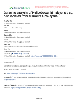 Genomic Analysis of Helicobacter Himalayensis Sp. Nov. Isolated from Marmota Himalayana