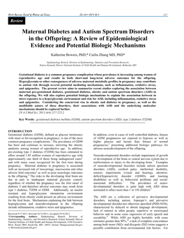 Maternal Diabetes and Autism Spectrum Disorders in the Offspring: a Review of Epidemiological Evidence and Potential Biologic Mechanisms