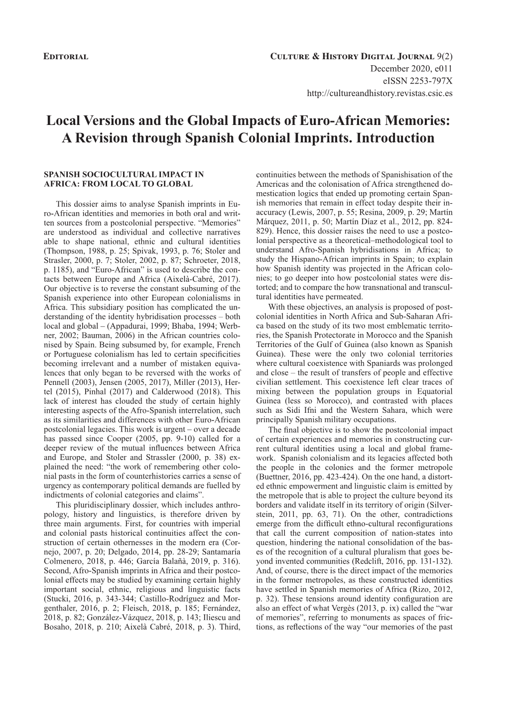 Local Versions and the Global Impacts of Euro-African Memories: a Revision Through Spanish Colonial Imprints