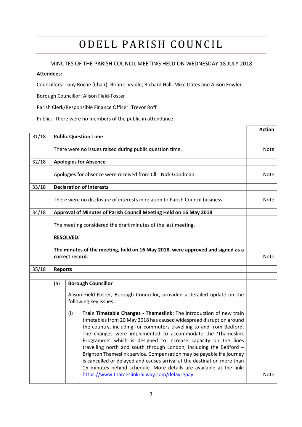 Odell Parish Council Transactions: 1 May 2018 - 30 June 2018