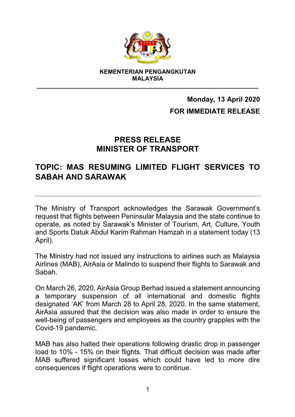 Resuming Limited Flight Services to Sabah and Sarawak