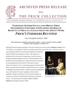 PRESS RELEASE from the FRICK COLLECTION