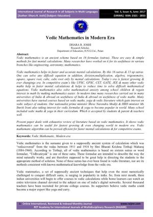 Vedic Mathematics in Modern Era