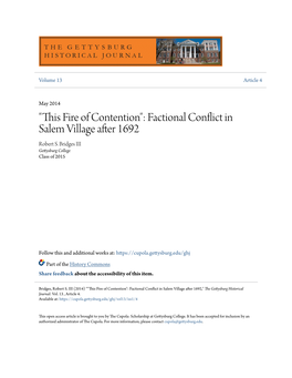 "This Fire of Contention": Factional Conflict in Salem Village After 1692 Robert S