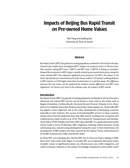 Impacts of Beijing Bus Rapid Transit on Pre-Owned Home Values