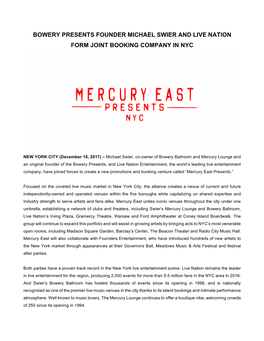 Bowery Presents Founder Michael Swier and Live Nation Form Joint Booking Company in Nyc