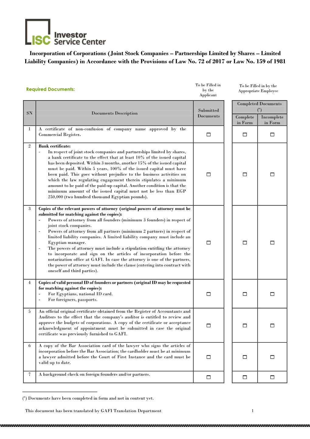 Incorporation of Corporations (Joint Stock Companies – Partnerships Limited by Shares – Limited Liability Companies) in Accordance with the Provisions of Law No