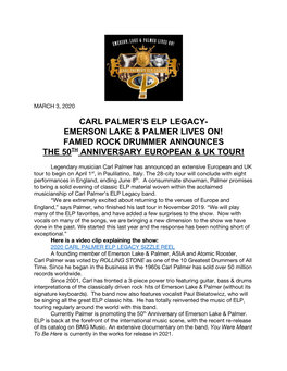 Emerson Lake & Palmer Lives On! Famed Rock Drummer Announces the 50​Th​ Anniversary Europea