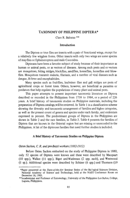 Raxonomy of PHILIPPINE DIPTERA * Osten Sacken, CR and Pre-Bezzi