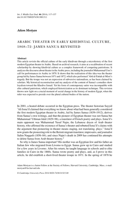 Adam Mestyan ARABIC THEATER in EARLY KHEDIVIAL CULTURE